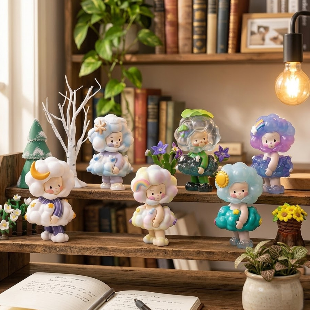 Tomorrow Blooms Weather Cloud Blind Box Cute Healing Character Figurines Complete set of Tomorrow Blooms weather cloud blind box figurines placed on wooden bookshelf home decoration