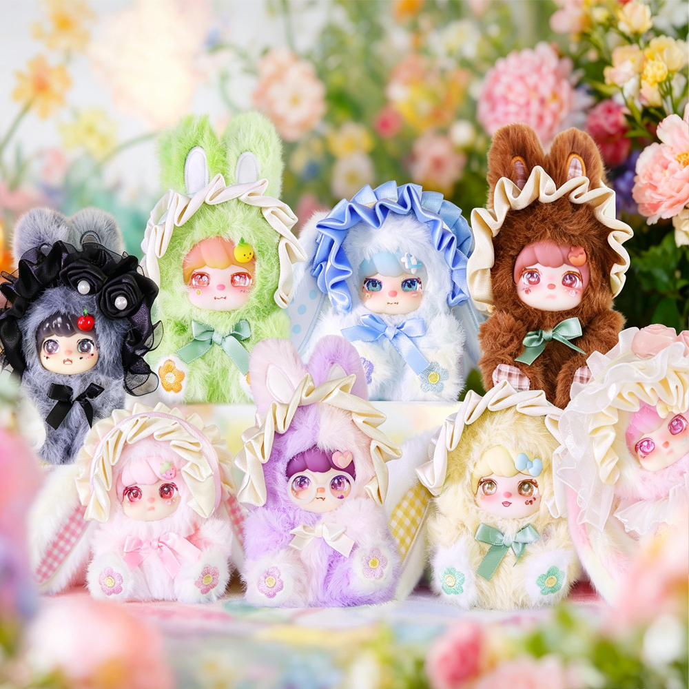 Tomorrow Flower House Pastel Bunny Plush Blind Box Floral Collectible Dolls Full set Tomorrow Flower House pastel floral bunny plush blind box dolls arranged in front of blooming flower background home decor