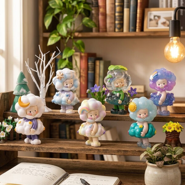 Adorable hand-painted cloud character figures from Loikikibox Tomorrow Blooms Series. Perfect desk home decor, blind box collectibles & thoughtful gift for art toy lovers.