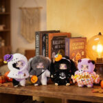 Full set Trick Or Treat Together Halloween long ear bunny plush blind box dolls displayed with pumpkin black cat Halloween background decor