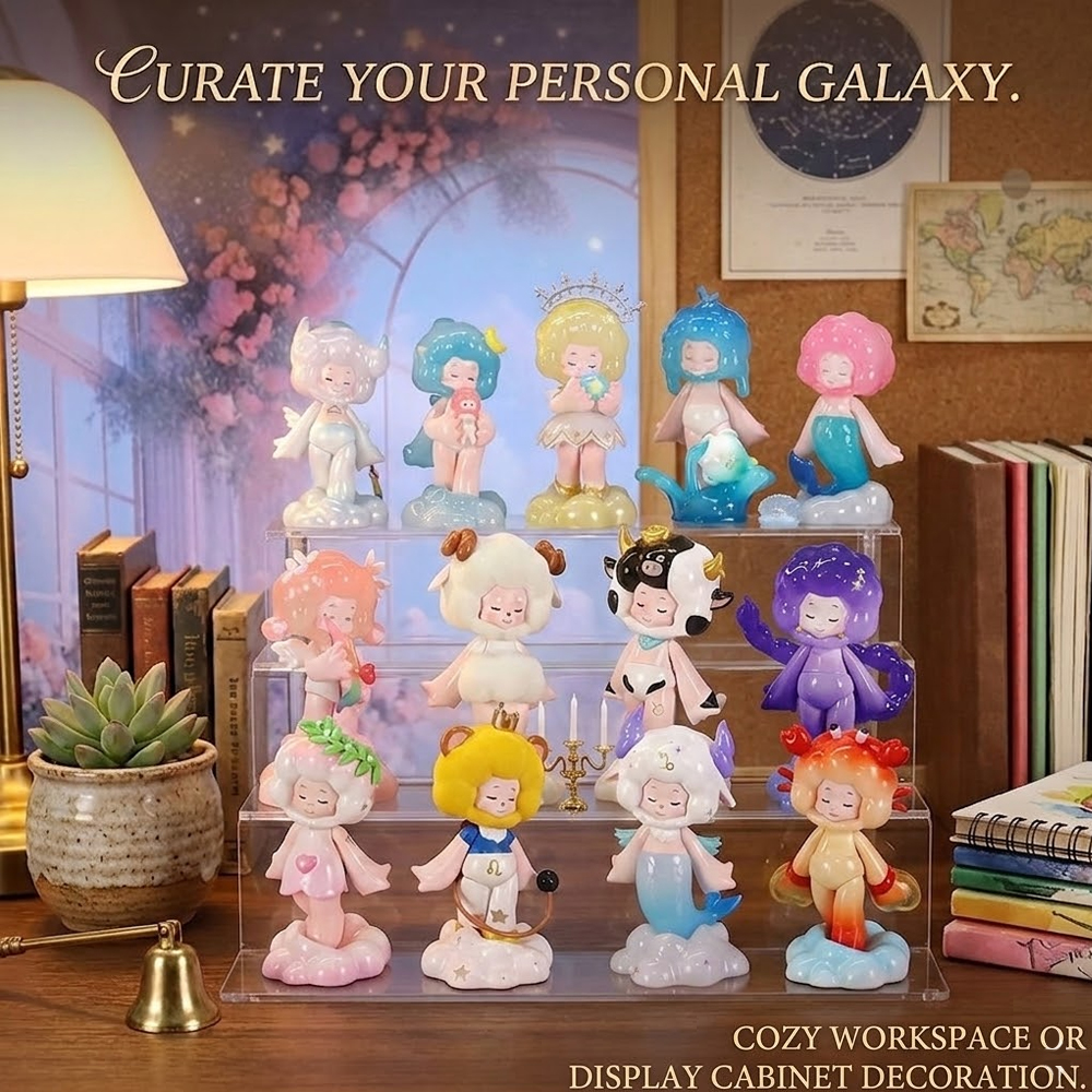 Zodiac Series 12 Constellation Cloud Character Blind Box Cute Galaxy Collectible Figurines Full set Zodiac Series 12 constellation cloud character blind box figurines displayed on acrylic shelf cozy study room decor