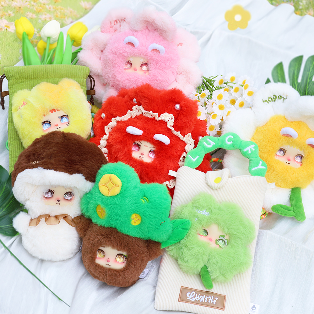 Full set Bloom Free flower money tree plush blind box pendants laid on fabric with fresh flower background decor