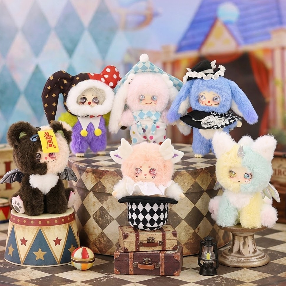 Full set False Paradise circus carnival plush doll blind box figurines displayed on vintage circus stage props decor
