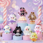 Full set Sweet Power candy sweet style fluffy plush blind box dolls displayed on pastel cake stands lollipop background decor