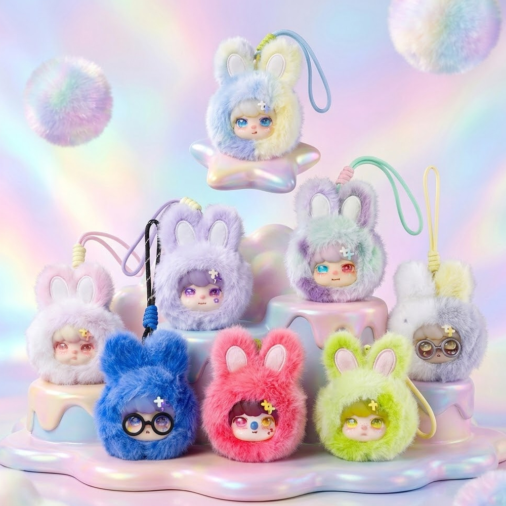 Wait Wait Fluffy Bunny Plush Pendant Blind Box Cute Doll Keychain Collectible Full set Wait Wait fluffy bunny plush pendant blind box dolls displayed on pastel rainbow stand bag keychain decor