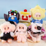 Six varied design fluffy plush dolls with unique character outfits, cute collectible art toy figures for display and gift collection